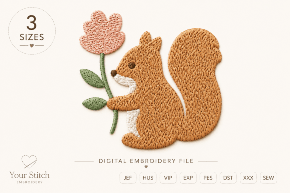 Download Cute Squirrel Holding Flower Embroidery - Embroidery Collection