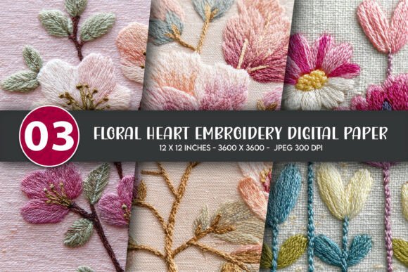 Download Floral Heart Embroidery Digital Paper - Embroidery Collection